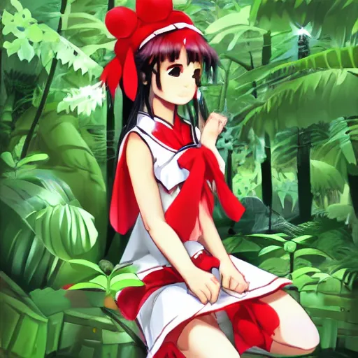 Prompt: a medibang of reimu in the jungle wearing bonnet