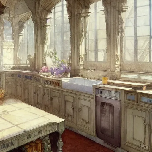 Prompt: a beautifull intricate watercolour painting of a kitchen, reflexions, verry high details by william turner art, greg rutkowski and alphonse mucha, trending on artstation, very very detailed, masterpiece, muted colors