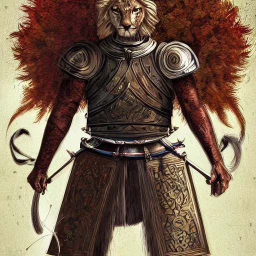 Image similar to book cover about a medieval lion knight, digital art, realistic, detailed, fantasy