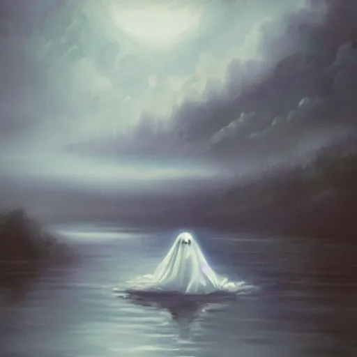 Prompt: ominous bedsheet ghost floating above a lake, oil painting, brush strokes, gloomy misty atmosphere, symmetrical, full body image, highly ornate intricate details,