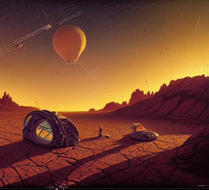 Prompt: the 👽 crash site at a dry river bed in a barren 🏜 by ivan shishkin and zacharias aagaard and simon stalenhag and dan mumford and josan gonzalez, chiaroscuro, tonalism, sfumato, high saturation, retrowave