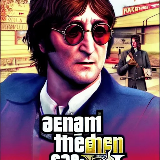 Prompt: John Lennon in GTA V cover, rockstar games, no text,