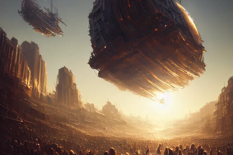 Prompt: detailed intricate digital illustration by greg rutkowski and artgerm and wlop and sanford robinson gifford ; colossal mothership vessel of immeasurable size arriving in our atmosphere, perspective of crowd of people on the ground looking up ; 1 3 mm film, wide angle ; golden hour, lens flare, trending on artstation 8 k