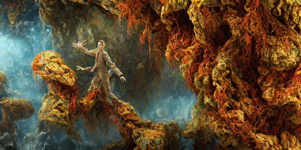 Image similar to Photorealistic intricate detailed levitating man made from colorful fungus tendrils. a gentle rising mist, an epic rocky landscape. occult photorealism, UHD, amazing depth, glowing, golden ratio, 3D octane cycle unreal engine 5, volumetric lighting, cinematic lighting, cgstation artstation concept art