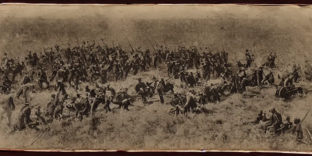 Prompt: american civil war tench battle, long trenches in the ground, musket shots fired, puffs of smoke, aerial view, tintype photograph