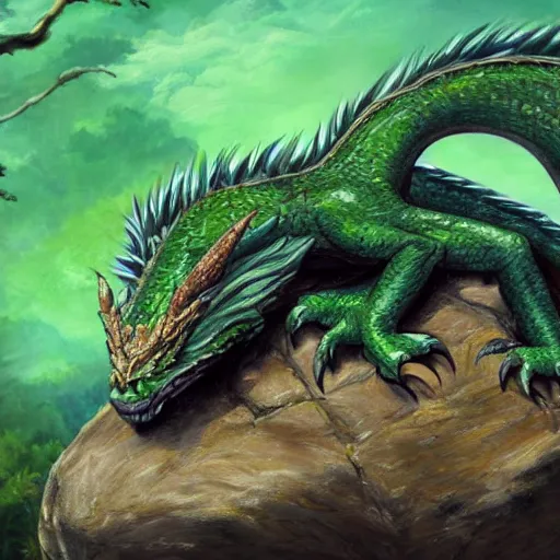 Prompt: an illustration of a western style green dragon sleeping on a rock, beautiful vivid emotional painting