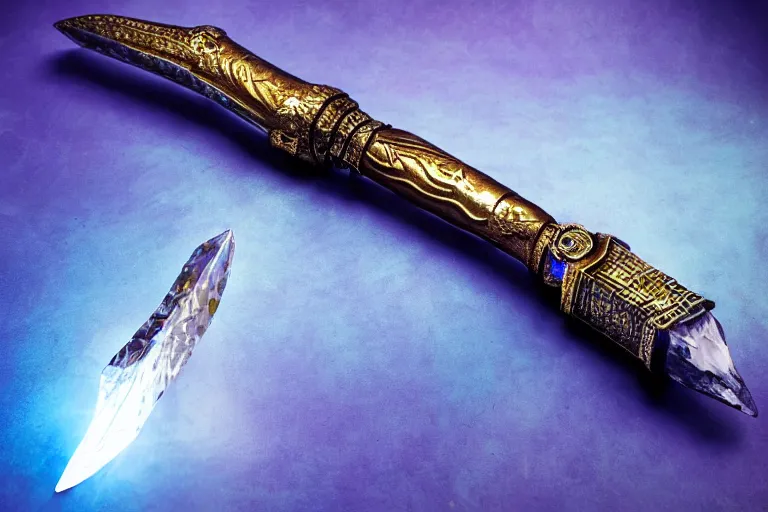 Image similar to A dagger made of crystal shimmers with an unnatural light, it had been enchanted by a skilled sorcerer, D&D fantasy setting, 4k