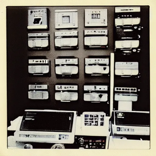 Image similar to “cyberpunk electronics department in 1980. Polaroid”