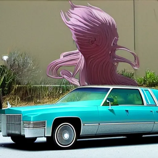 Image similar to a hybrid between a 1 9 7 5 cadillac coupe deville and ursula the sea witch