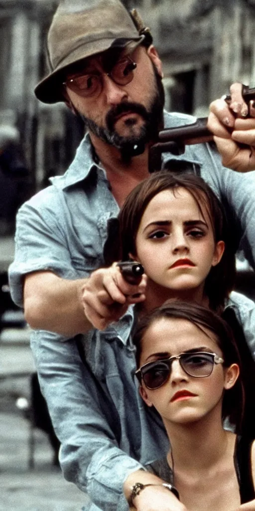 Image similar to Emma Watson and Jean Reno in Leon The Professional holding guns