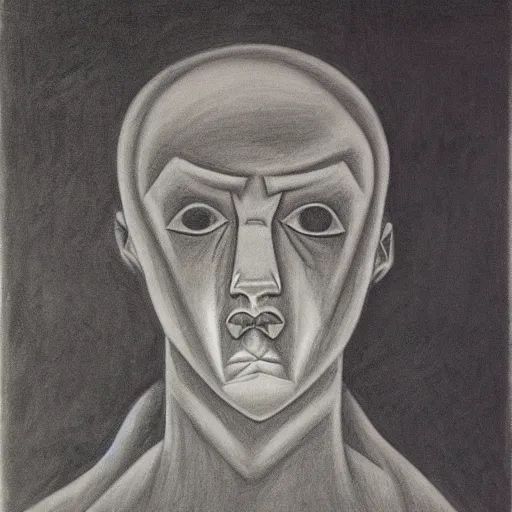 Image similar to charcoal drawing of a man with a strange face. precisionism, charcoal drawing, surrealist, genderless