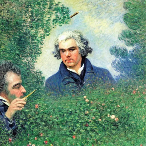 Image similar to beethoven smoking weed, conducting symphony by monet and peter bruegel