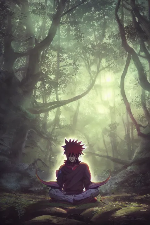 Image similar to photorealistic dark fantasy concept art of Naruto meditating in a forest, dynamic lighting, stunning visuals, realism, cinematic, hyper detailed, ultra detailed, beautiful visuals and sunset