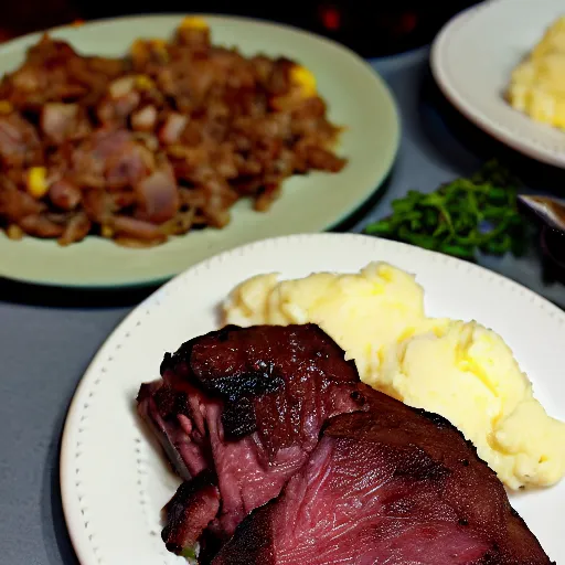 Prompt: a huge plate of liver and onions, with mashed potatoes, corn and a big glass of bear