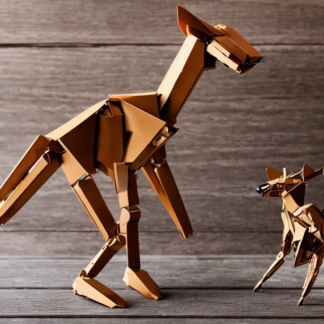 Image similar to a photograph of a deer origami and a humanoid robot mecha origami on top of a wooden table