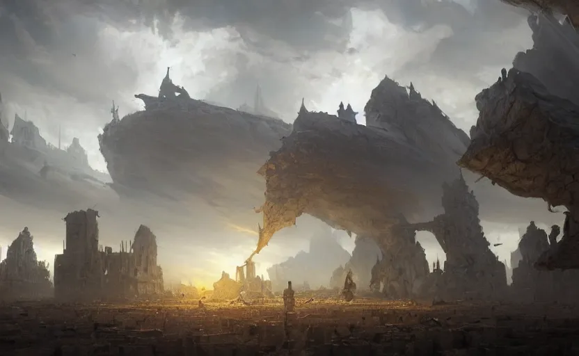 Prompt: painting of earthquakes splitting open a large kingdom in the center, earth shatters, medieval, fantasy genre, natural light, fantasy, natural light, sharp focus, concept art, by greg rutkowski and craig mullins, cozy atmospheric and cinematic lighting, trending on artstation