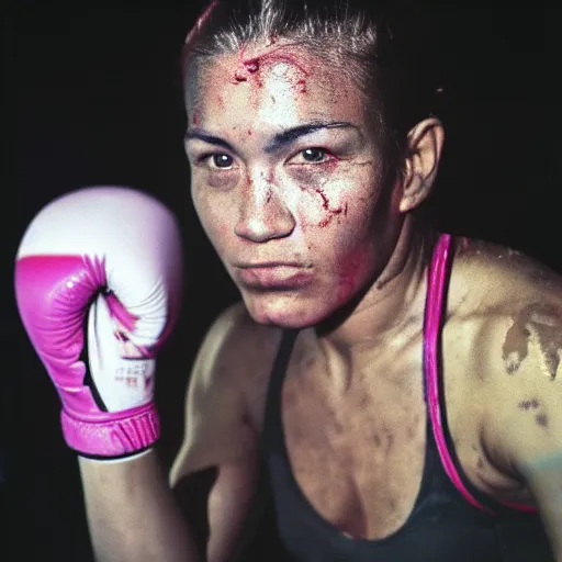 Image similar to close up portrait of woman boxer after boxing with brews blood sweating, photography photojournalism, very grainy image, neon light, 80mm lens, close up portrait polaroid