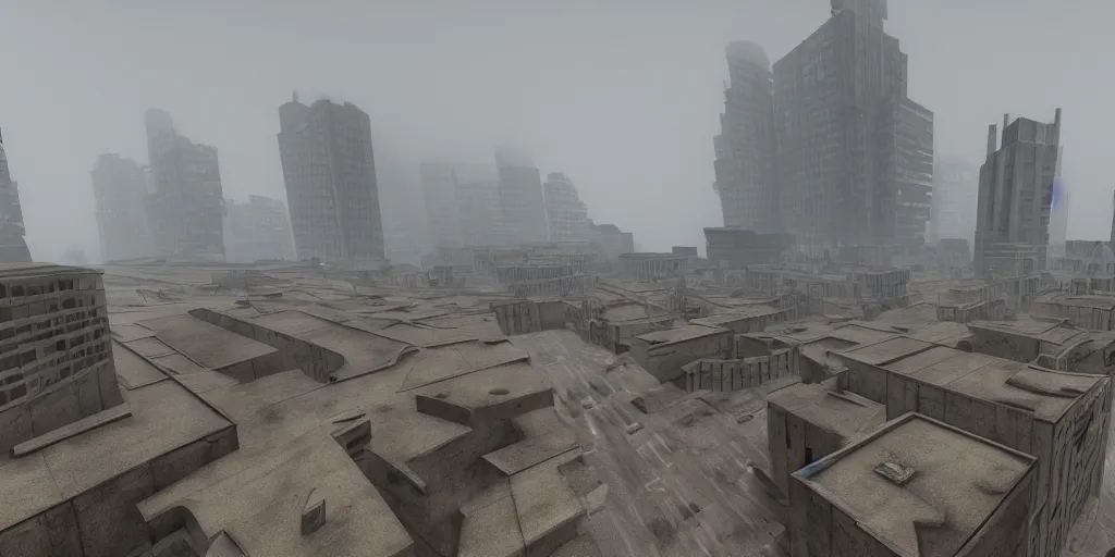 Image similar to wide - angle view of a deserted city with brutalism architecture and stone buildings with overcast and foggy weather. detailed, ultra - realistic, 4 k.