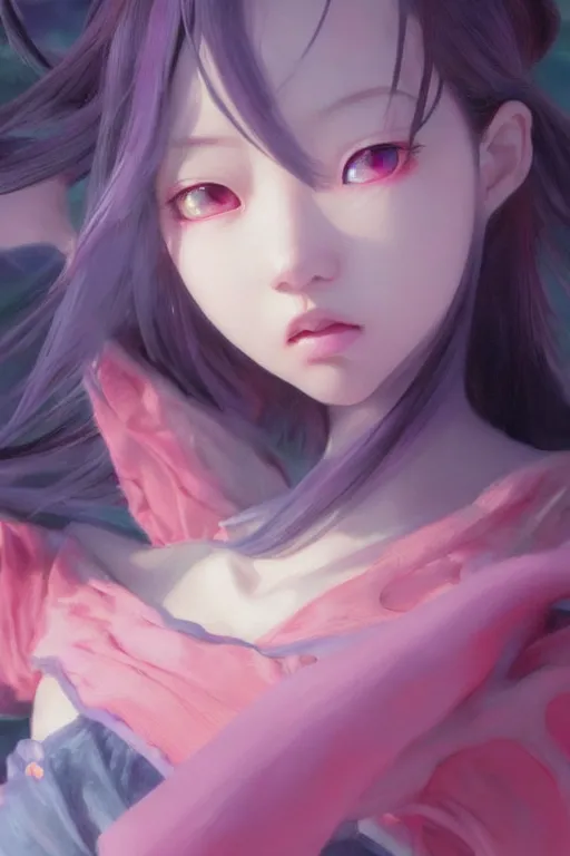 Prompt: 3d dark infrared octane render concept of large art by D. Jun, by Mo Xiang Tong Xiu, by Igarashi Daisuke, beauty landscape anime schoolgirl under dark pink and blue water. cute face. dramatic light, trending on artstation, oil painting.