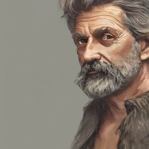 Prompt: close up portrait of a old, ruggedly handsome bearded man holding corgi dog, soft hair, muscular, half body, cloth, d & d, fantasy, intricate, elegant, highly detailed, digital painting, artstation, concept art, smooth, sharp focus, illustration, art by artgerm and greg rutkowski and alphonse mucha