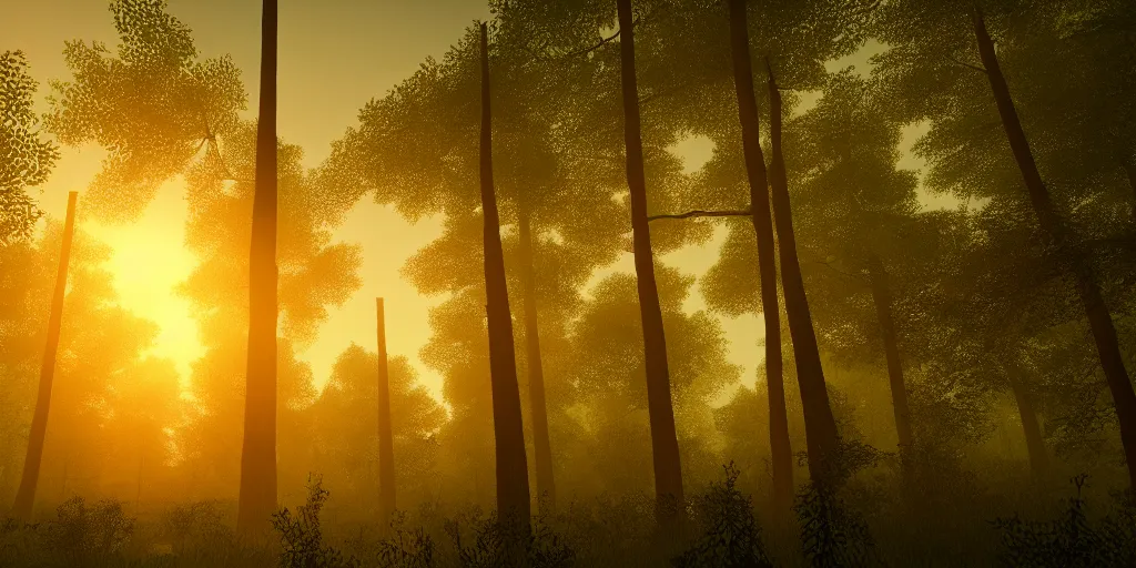 Prompt: a hazy forest with huge oak trees at sunrise in the style of Firewatch, low angle