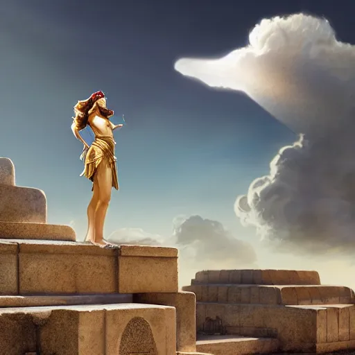 Prompt: tiny greek goddess in steel helmet standing on a giant greek bearded male head, greek temple of olympus glory island, late afternoon light, wispy clouds in a blue sky, by frank lloyd wright and greg rutkowski and ruan jia