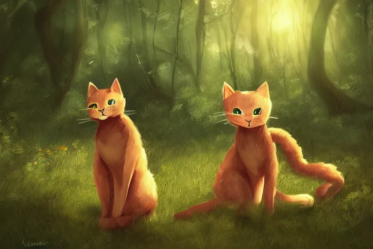 Image similar to cat in the forest, warm lighting, digital art, trending on artstation, fanart, by kawacy