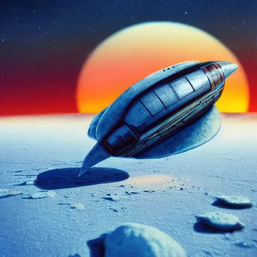 Image similar to a small spaceship landed on an ice covered planet, gradient sunset in the background retro vintage science fiction art