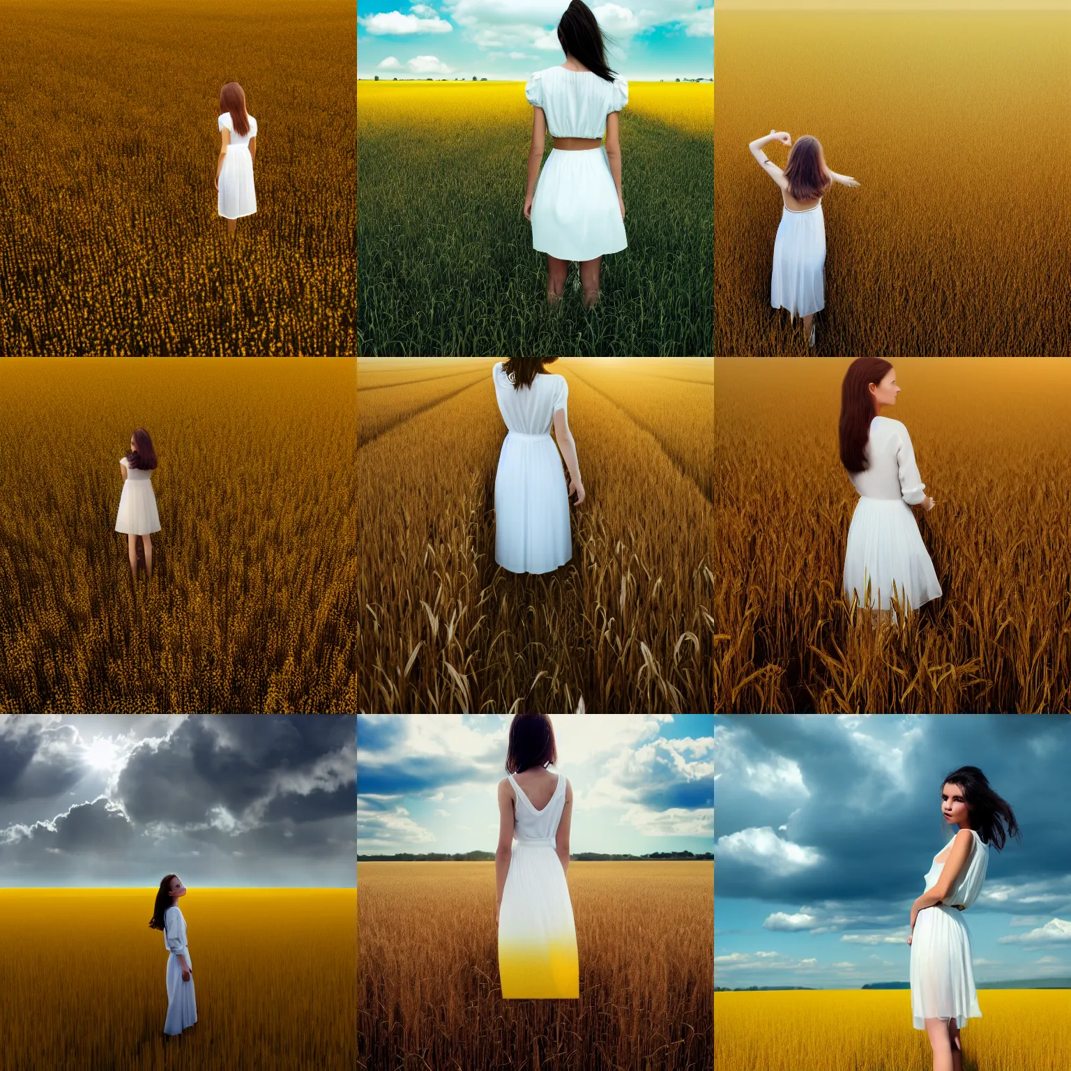 Prompt: aerial shot, a beautiful photo of a petite brunette girl in a very wide transparent thin light white dress standing on a bright yellow rye field, a lot of clouds, photo from the back, 135mm, trending on artstation, hyper detailed, hyper realistic, chrome accents