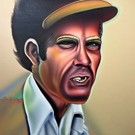 Image similar to a 1 9 8 1 airbrush painting, the face of a person named kieth smeltwort