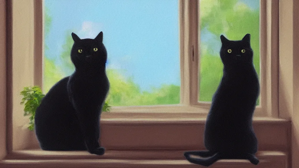 Prompt: peaceful dreamy oil painting of a content black cat sitting by a window and looking outside, sunshine coming through the window, small plants on the window sill, 8k, hyper realism, trending on artstation, octane render