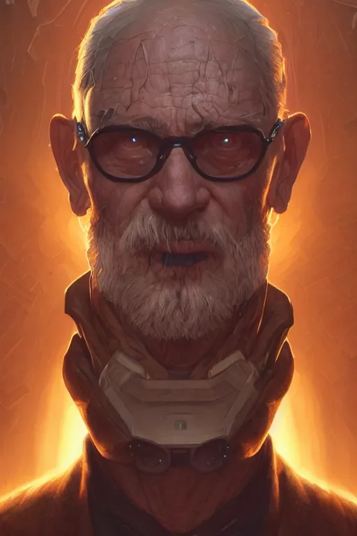 Image similar to cyberpunk old man, augmented, cyborg, movie poster, cinematic lighting, intricate, rugged, highly detailed, digital painting, artstation, smooth, sharp focus, illustration, art by artgerm and greg rutkowski and alphonse mucha and Wayne Barlowe and william-adolphe bouguereau