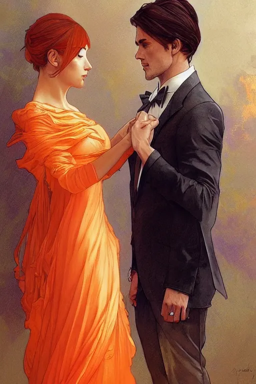 Prompt: man in orange shirt fastens beautiful dress of his spouse before going to exquisite gala art by artgerm and greg rutkowski and charlie bowater and magali villeneuve and alphonse mucha