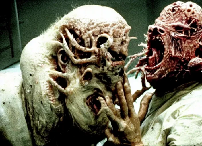 Image similar to a disgusting vile demonic monster eating a man, cult horror, kitchen inspired by The Thing, by Cronenberg