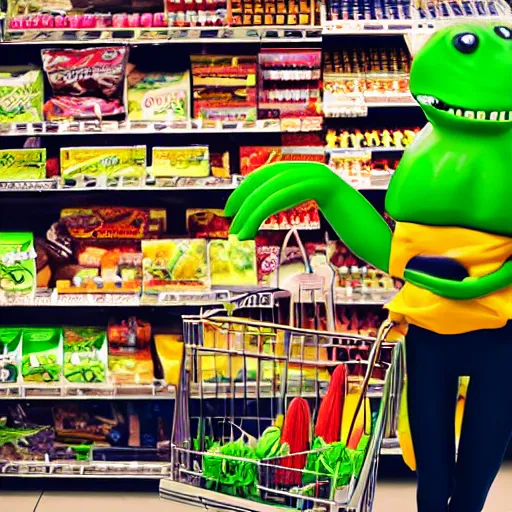 Prompt: mid shot of a green alien buying groceries at the store shot by amanda carlson and alex strelkovv, professional photo, masterpiece, very detailed, 4 k