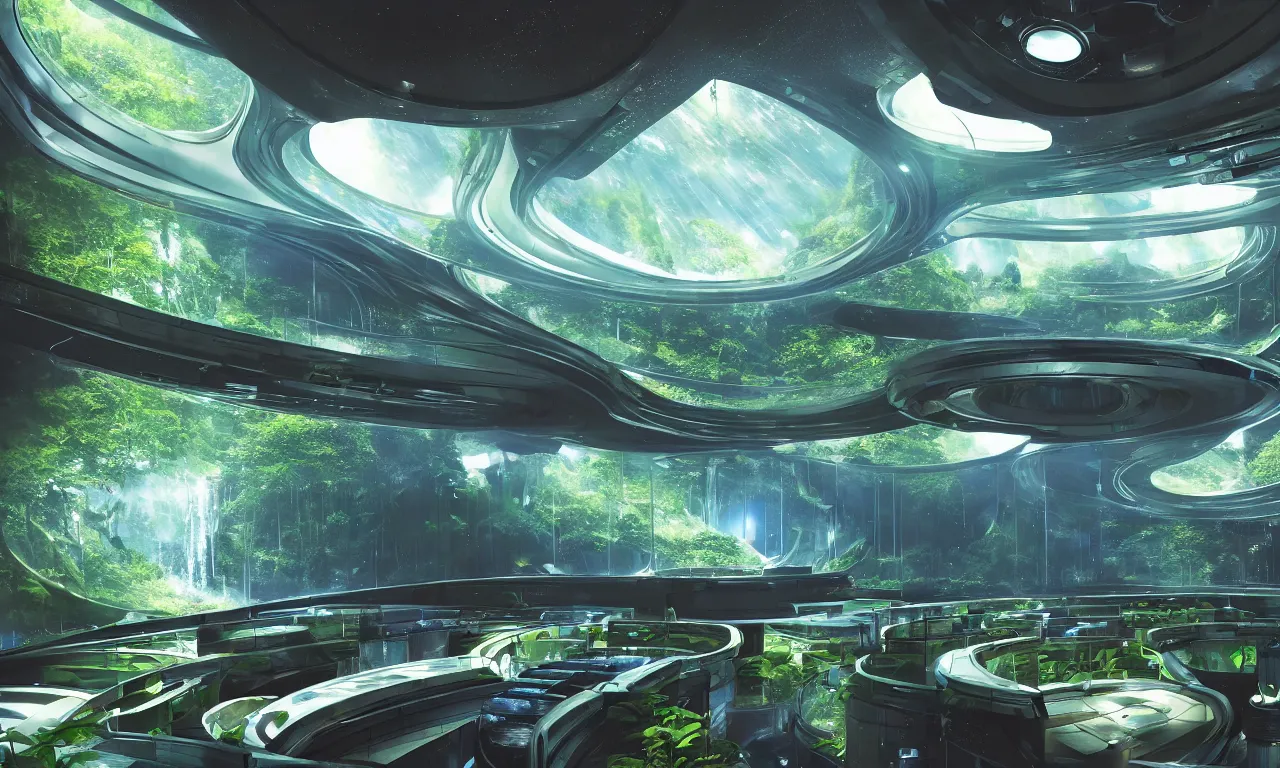 Prompt: paradise inside of a spaceship for humans in deep space, dance club vibes, massive windows showing deep space, natural, plants, water features, waterfalls, 4 k, transcendent, trending on artstation, photorealistic, award winning, hyper detailed, rule of thirds, dramatic, volumetric lighting, octane render
