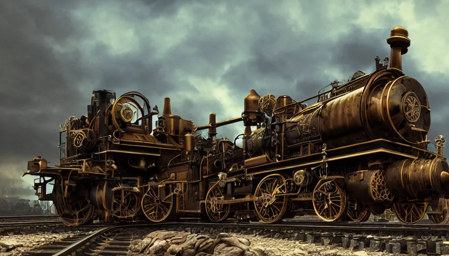 Image similar to steampunk locomotive, cinematic, low angle, dramatic lighting, artstation, cgsociety, octane render, blue leds