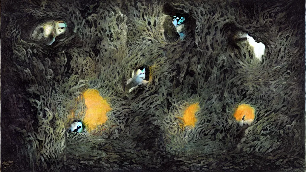 Prompt: kittens with luminous eyes burst out of a dark cave by zdzislaw beksinski and bogdan rezunenko and roger dean.