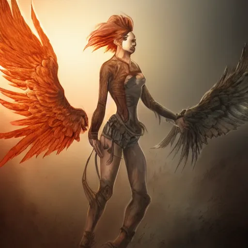 Image similar to post-apocalyptic female phoenix, dark ambiance, realism,