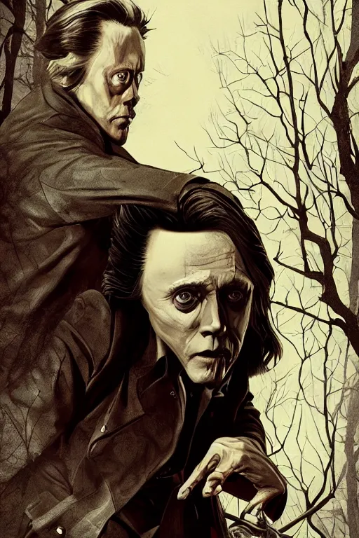 Image similar to christopher walken in sleepy hollow, full body, big two toned eyes, teeth gritted, horror, intricate details, cinematic, epic, realistic, anatomy, tomer hanuka, uplight, artstation, photorealistic, scary