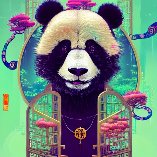 Image similar to a beautiful hyperdetailed character design 4 k wallpaper illustration of a cute panda with a chinese lion dance head victo ngai cyberpunk style, from china, style of studio ghibli, makoto shinkai, raphael lacoste, louis comfort tiffany, artgerm, james jean, ross tran, chinese style