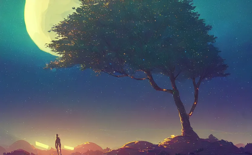 Image similar to A starry landscape with a giant thin tree, Low level, rendered by Beeple, Makoto Shinkai, syd meade, simon stålenhag, environment concept, synthwave style, digital art, unreal engine, WLOP, trending on artstation, 4K UHD image, octane render,