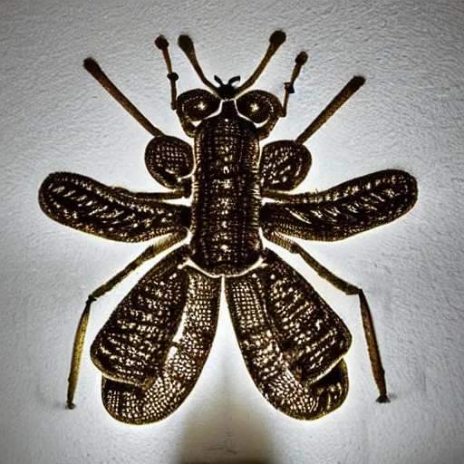 Prompt: a holy symbol made of crawling bugs and insects, on a dirty wall, illuminated by a flashlight