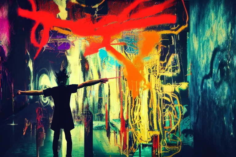 Prompt: fantasy punk elf, multilayer glitch effect in spatial perceptron synapses, matte painting, 4 k, epic composition, volumetric light, abstract illusionism, by robert rauschenberg, edvard munch, jean - michel basquiat, pour paint, modern street art, grunge wall