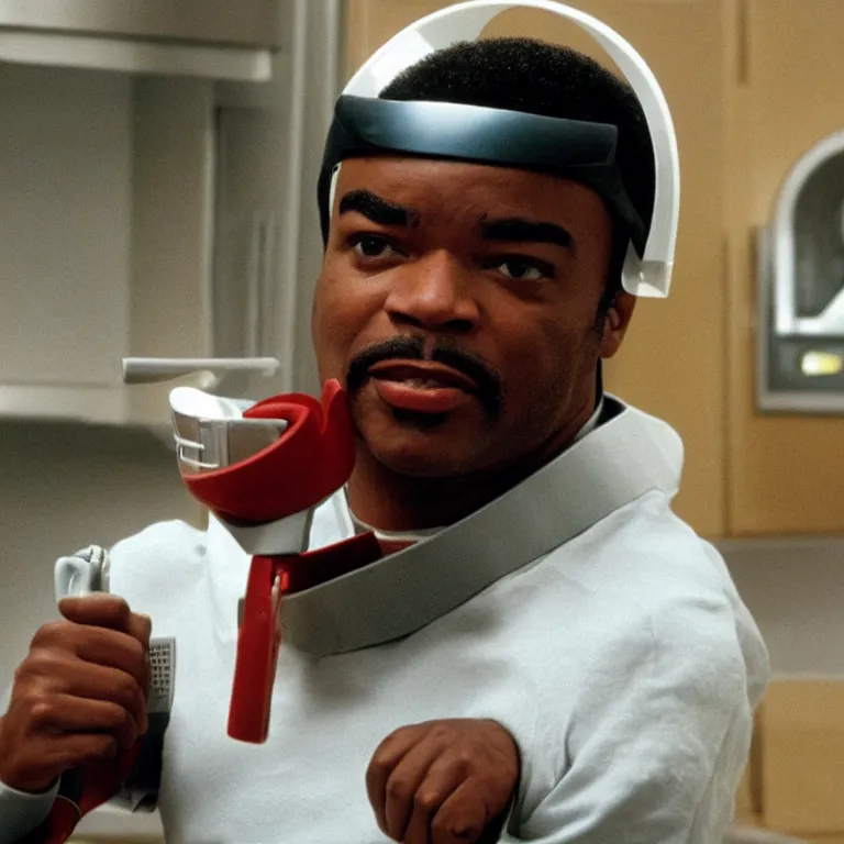 Image similar to geordi laforge wearing visor and a colander and random kitchen tools on his head