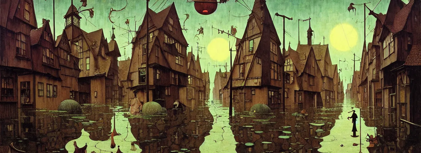 Image similar to flooded old wooden city street, very coherent and colorful high contrast masterpiece by norman rockwell franz sedlacek hieronymus bosch dean ellis simon stalenhag rene magritte gediminas pranckevicius, dark shadows, sunny day, hard lighting, reference sheet white background