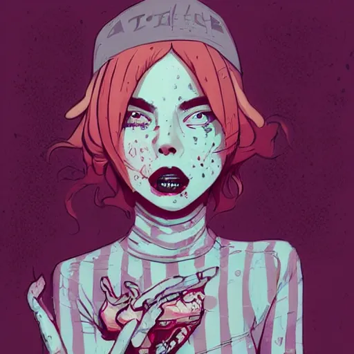 Image similar to Highly detailed portrait of pretty punk zombie young lady with freckles by Atey Ghailan, by Loish, by Bryan Lee O'Malley, by Cliff Chiang, inspired by image comics, inspired by graphic novel cover art, inspired by papergirls !! Gradient color scheme ((grafitti tag brick wall background)), trending on artstation