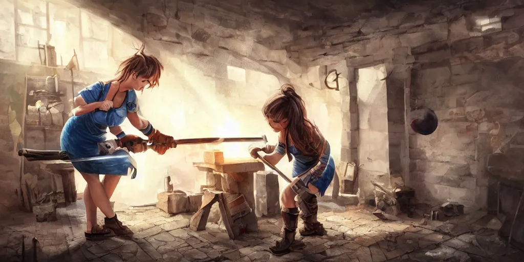Prompt: blacksmith cute girl hitting with a hammer, anvill, epic digital art illustration, wide angle, masterpiece, dynamic perspective, anatomy skills, outstanding detail, illustration, colorgrading, LUTs, | 28mm |, great composition