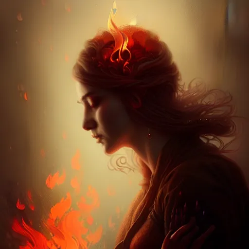 Prompt: Magician, female, fantasy, flames, rain, intricate, elegant, highly detailed, digital painting, artstation, concept art, smooth, sharp focus, illustration, octane render, art by Leesha Hannigan, Ross Tran, Thierry Doizon, Kai Carpenter, Ignacio Fernández Ríos