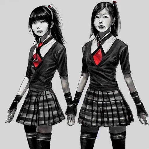 Prompt: a perfect, realistic professional digital sketch of two Japanese schoolgirls posing, in style of Marvel and DC, full length, by pen and watercolor, by a professional American senior artist on ArtStation, a high-quality hollywood-style sketch, on high-quality paper